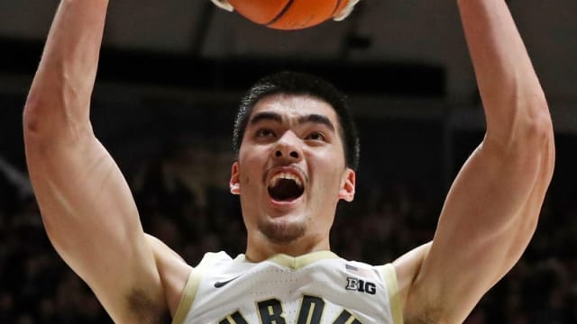 Purdue Boilermakers center Zach Edey (15) dunks the ball during the NCAA men s basketball game against the Xavier Musketeers, Monday, Nov. 13, 2023, at Mackey Arena in West Lafayette, Ind. Purdue Boilermakers won 83-71.